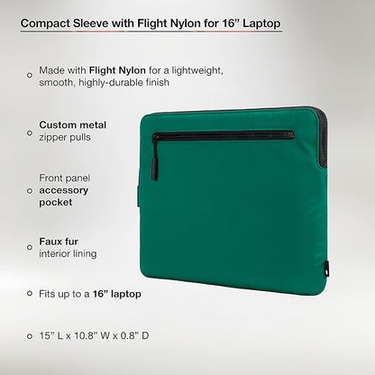 Incase Compact Laptop Sleeve with Flight Nylon - 16 Inch MacBook Pro and Laptop Case – Slim Computer Sleeve with Faux Fur Lining, Front Accessory Pocket with Zipper - Malachite Green