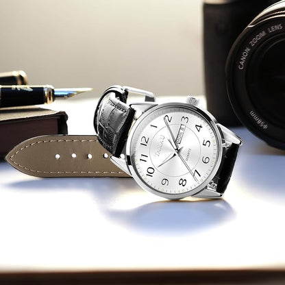 Men's Watch Big Face Easy Read Arabic Numeral Dress Watches for Men Classic Black Brown Leather Band Analog Mens Wrist Watch with Day and Date Fashion Business Waterproof Luminous Quartz Watch
