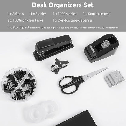 SKYDUE Black Office Supplies Set, Black Desk Accessories, Stapler, Tape Dispenser, Scissors, Binder/Paper Clips and 1000pcs Staples, Desk Supplies Set