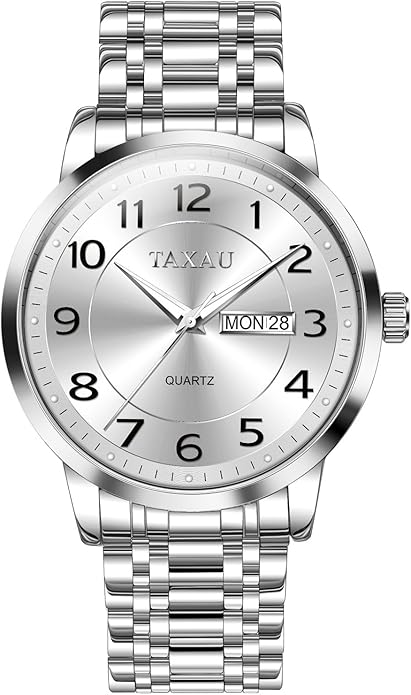 Stainless Steel Mens Watches with Day Date Quartz Analog Large Face Classic Watch Arabic Numerals Dress Luminous Rlojes para Hombres