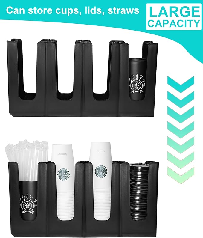 Cup Holder Lid Dispenser with Straw Organizer,Disposable Coffee Cup Dispenser,Cup Storage Organizer for Breakroom Countertop Coffee Station Bar Restaurant