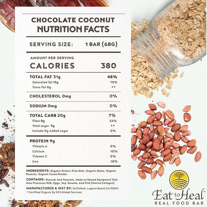 EatToHeal Chocolate Coconut Real Food Bar - Organic Vegan Healthy Gluten Free Protein Bars - Low Sugar Meal Replacement Bar, Non GMO, Never Baked, Plant Based - Crafted to Enjoy, Not Sit on Shelves