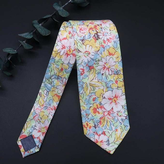 Cotton Floral Ties for Men 2.76" Men's Skinny Tie Linen Flower Printed Neck Tie for Wedding Dating Party