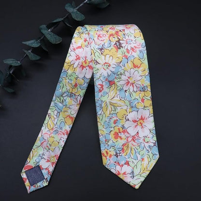 Cotton Floral Ties for Men 2.76" Men's Skinny Tie Linen Flower Printed Neck Tie for Wedding Dating Party
