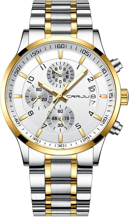 CRRJU Men's Fashion Stainless Steel Watches Date Waterproof Chronograph Wristwatches,Black Steel Band Waterproof Quartz Watch for Men