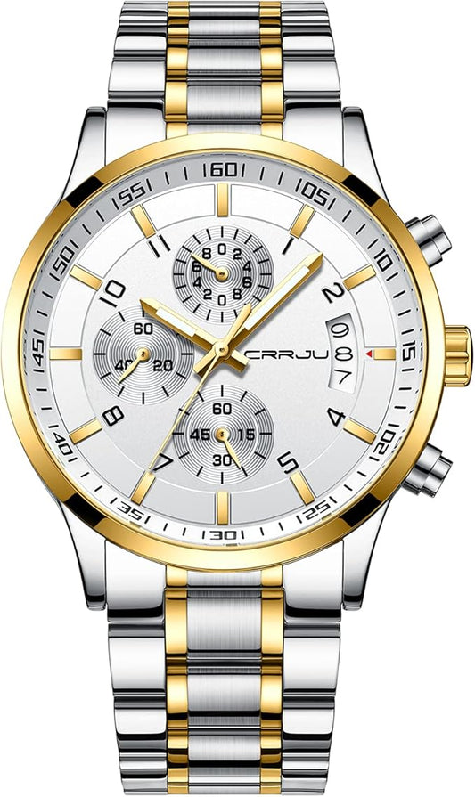 CRRJU Men's Fashion Stainless Steel Watches Date Waterproof Chronograph Wristwatches,Black Steel Band Waterproof Quartz Watch for Men