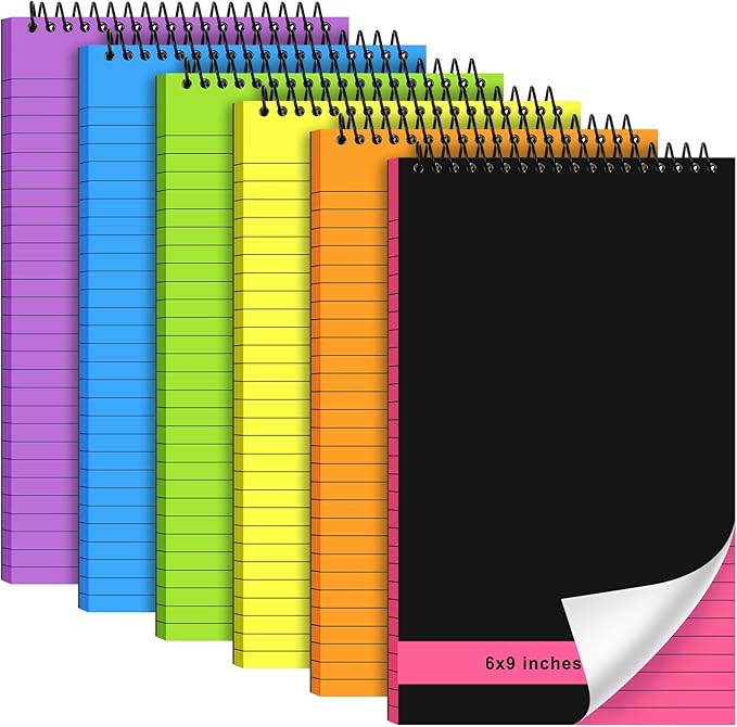 6 Pcs Legal Pad Top Spiral Bound Notebook 70 Sheets Wirebound Notepad Double Sided Ruled Memo Steno Pad with Stiff Back Cover for Business(6 x 9 Inches,No Holes,Rainbow Color)