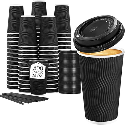 Lamosi 16 oz Disposable Coffee Cups with Lids, 500 Pack Insulated Hot Cups To Go Paper Coffee Cups with Lids and Straws, Corrugated Ripple Wall Cup for Hot Drink, Office, Coffee Bar (Black)