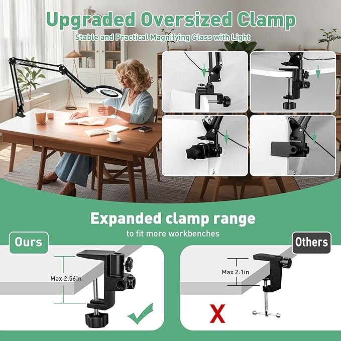 12X & 30X Magnifying Glass with Light, Ultra Long 3 Section Swing Arm LED Desk Lamp with Large Clamp, 5 Color and Brightness Hands Free Magnifier Light and Stand for Workbench Crafts Soldering