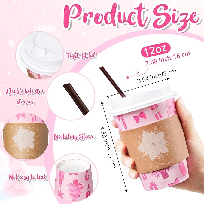 Lallisa 100 Sets Pink Christmas Disposable Coffee Paper Cups Bulk with Lids Sleeves & Straws, 12 oz Xmas Snowman Snowflake Coffee Cups for Hot Cold Cocoa Tea Holiday Party Supplies