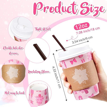 Lallisa 100 Sets Pink Christmas Disposable Coffee Paper Cups Bulk with Lids Sleeves & Straws, 12 oz Xmas Snowman Snowflake Coffee Cups for Hot Cold Cocoa Tea Holiday Party Supplies