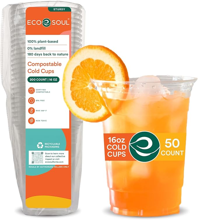 ECO SOUL 100% Compostable, Disposable Party Cups | Eco-friendly Party Cups (50, 16 Fl oz)