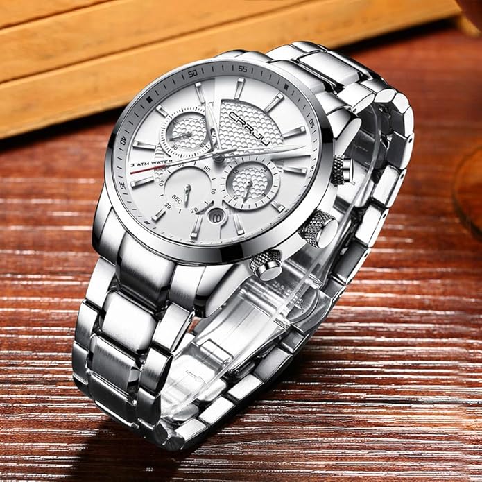 CRRJU Men's Business Casual Chronograph Quartz Waterproof Wristwatch Black Leather Strap