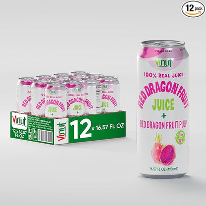 VINUT 100% Red Dragon Fruit Juice with Pulp (Pitaya), No Added Sugar, Not From Concentrate, 16.57 fl oz (490 mL) Can, Pack of 12