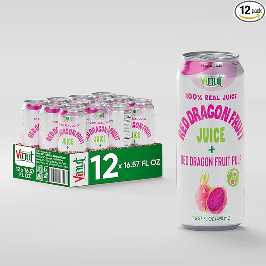 VINUT 100% Red Dragon Fruit Juice with Pulp (Pitaya), No Added Sugar, Not From Concentrate, 16.57 fl oz (490 mL) Can, Pack of 12