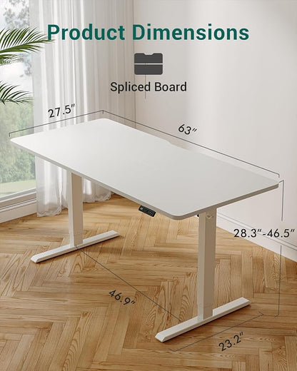 FEZIBO Standing Desk, 63×28 Inches Electric Height Adjustable, Sit Stand Up, Computer Office Desk with Splice Board, While Frame/While TOP