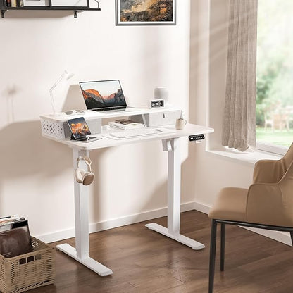 40 x 24 Inch Standing Desk with 2 Drawers, Easily Assembled Height Adjustable Desk, Ergonomic Sit to Stand Electric Desk for Home Office Workstation, White