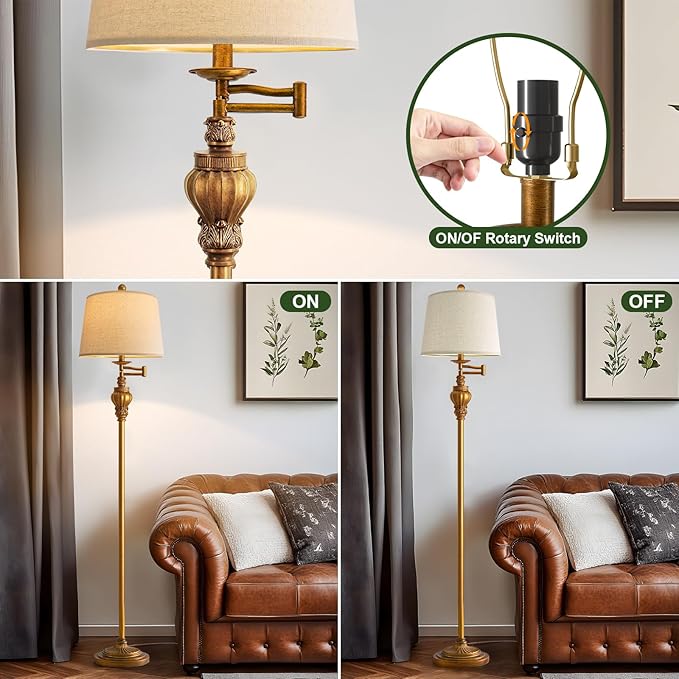 61" Vintage Floor Lamp with 350° Adjustable Swing Arm, Gold Standing Lamp for Bedroom Living Room Nightstand Bedside Retro Farmhouse Mid Century Lamp Light Home Décor Office Gifts