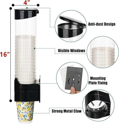 MYITYARD Large Cup Dispenser, Wall Mount Water Cooler Cup Dispenser Fits 10oz - 16oz Disposable Paper and Plastic Cups, Pull Type Cup Holder for Home Office Hospital Gym, Magnetic Mounting, Black