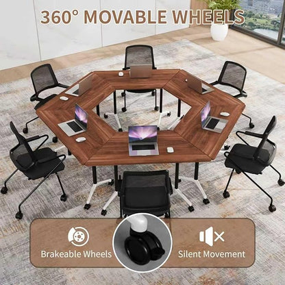 Conference Table, Foldable Conference Room Tables with Silent Wheels, Folding Modular Seminar Meeting Tables, Modern Rectangle Training Table for Office, Boardroom (6, Trapezoidal2, 47.2)