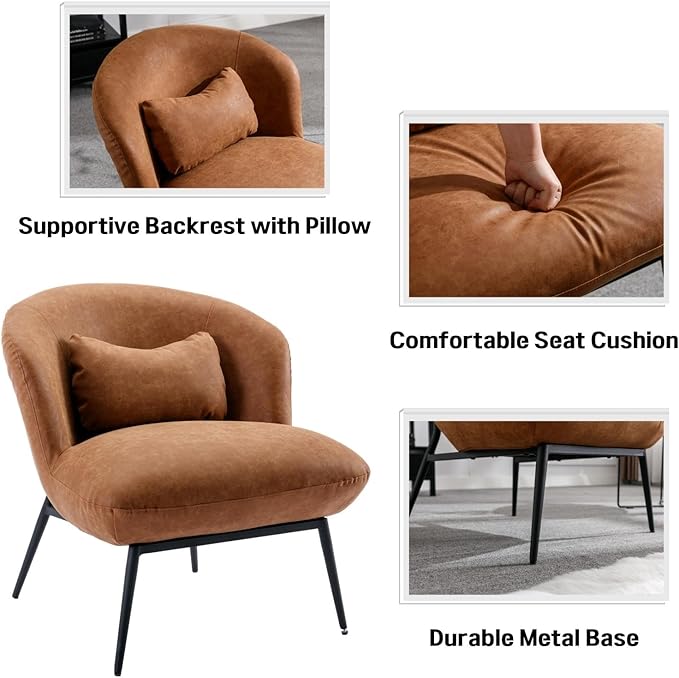 DUOMAY Modern Accent Chair, PU Upholstered Leisure Chair Single Sofa Chair Lounge Chair with Lumbar Pillow Metal Legs Slipper Chair for Living Room Bedroom Office, Brown