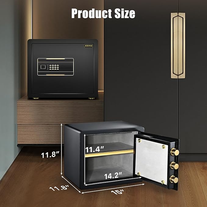 ADIMO Home Safe Box, 1.2 Cubic Feet Security Safe with Fireproof Waterproof Money Bag, Digital Keypad and Dual Key System, Personal Lock Money Box for Home Office Valuable Document Black