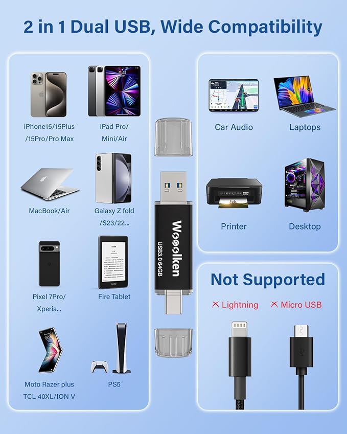 USB C Flash Drive 64GB 5 Pack, Wooolken USB 3.0 Dual Drive Type-C Thumb Drive OTG Compatible with iPhone 16/15, Android Smartphone/Tablets/Computers