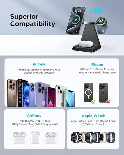 Charging Station for Multiple Devices Apple: Woruda 3 in 1 Magnetic Wireless Charger Stand for Mag Safe iPhone - Nightstand Charging Dock for iPhone 16 15 14 13 12 Pro Max Plus Apple Watch Airpods