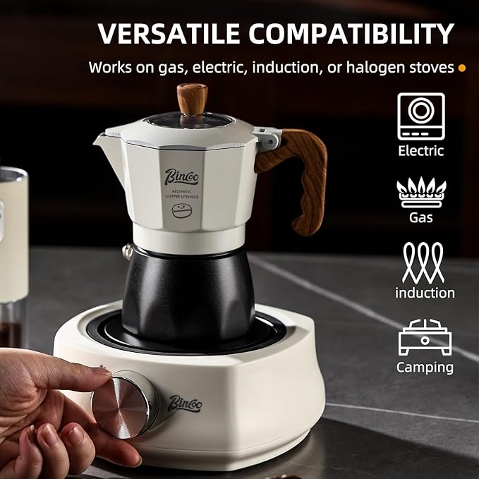 Bincoo Espresso Maker Stovetop - 2 Cup/120ML Small Stove Top Espresso Italian Coffee Maker, Camping Moka Pot (White-black)