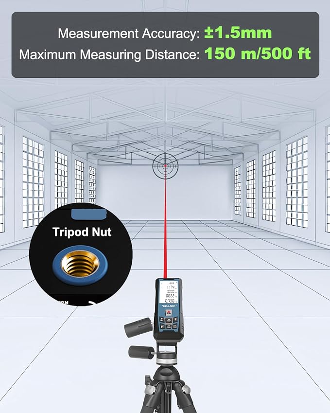 Laser Measuring Tool 500Ft Laser Measurement Tool with Angle Finder 150M Laser Distance Meters Accuracy ±1.5MM Square Footage Measure with Electronic Horizontal Calibration Indoor Easy Read