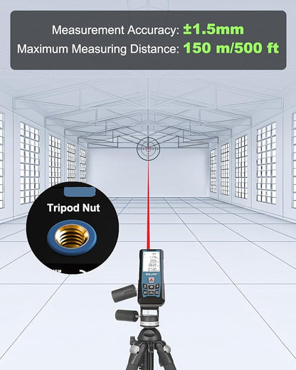 Laser Measuring Tool 500Ft Laser Measurement Tool with Angle Finder 150M Laser Distance Meters Accuracy ±1.5MM Square Footage Measure with Electronic Horizontal Calibration Indoor Easy Read