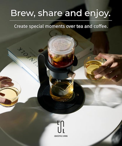 Glass Tea Pot with Infusers for Loose Tea and Drip Coffee Pour Over, Semi Automatic Tea Set with Magnetic Clear Teapot, Black