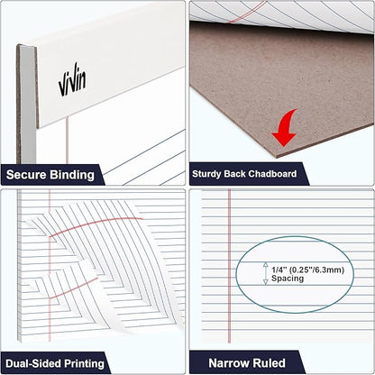 ViVin 5 x 8 Inch Legal Pads, 6 Pack, Narrow Ruled, 50 Sheets Per Writing Pad, Perforated Note Pads Ideal for Home, Office, Business, 300 Sheets, White Paper