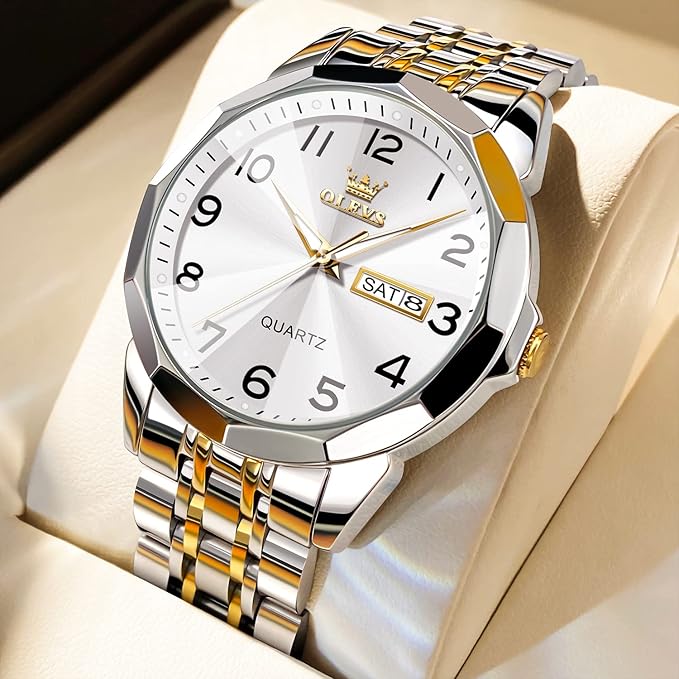 OLEVS Watch for Men Luxury Dress Analog Quartz Stainless Steel Waterproof Luminous Date Diamond Business Two Tone Casual Wrist Watch