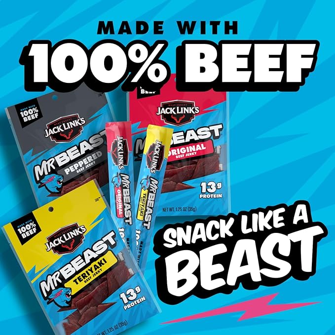 Jack Link’s x MrBeast Beast Beef Jerky Variety Box, 1.25oz Jerky Bags, 0.92oz Beast Sticks, Made with 100% Real Beef, Pantry-Ready, Kids Snacks