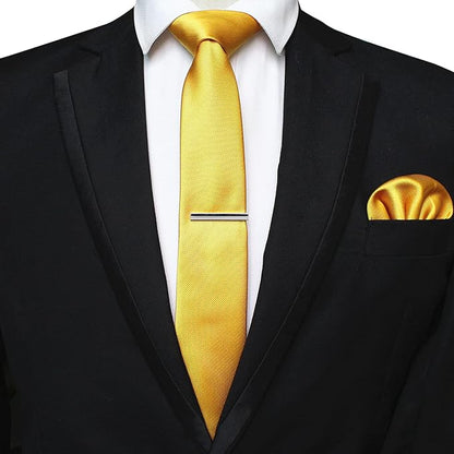 JEMYGINS 2.4" Solid Color Skinny Tie and Pocket Square with Tie Clip Sets for Men (6cm)