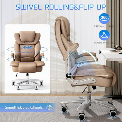 GYI Big and Tall Office Chair 400lb Wide Seat, Ergonomic High Back Leather Executive Desk Chair with Flip-up Arms, Brown
