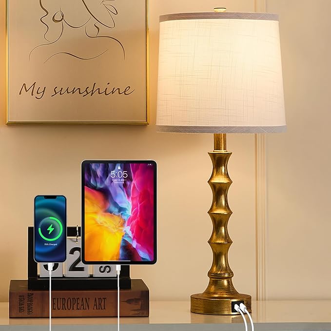 Gold Table Lamp 24" Nightstand Lamps Set of 2 Bamboo Shape Base Metal Desk Lamps with Linen White Shade Bedside Nightlight with USB A+C Ports Rustic Buffet Lamp for Living Room Bedroom