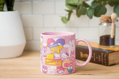 Silver Buffalo Sanrio Hello Kitty and Friends Kawaii Tokyo Theme Featuring Little Twin Stars, Chococat, My Melody, Keroppi, Badtz-Maru, and Pompompurin Ceramic Mug, 20 Ounces