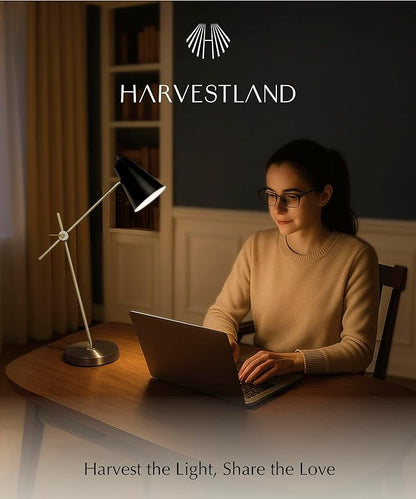 HarvestLand HaloBar Brass Desk Lamp Home Office – Black Industrial Table Lamp with Solid Base for Office, Reading Lamps for Bedside Table, Study and Reading Task Lamp, Gifts for Men