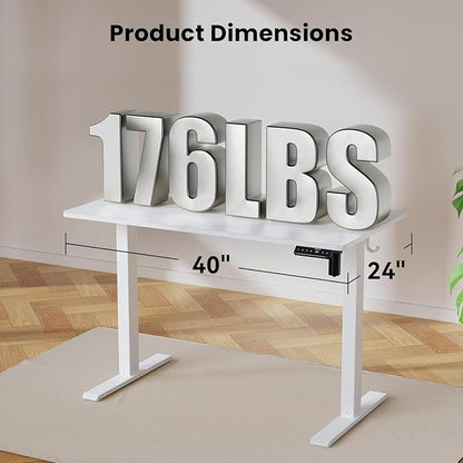 40x24 Inches Height Adjustable Electric Standing Desk with 2 Hooks for Home Office, Ergonomic Sit Stand up Desk with Splice Board, White