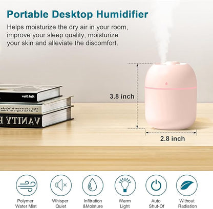 Portable Small Humidifier, USB Personal Desktop Humidifier for Car, Office Room, Bedroom, Auto Shut-Off, 2 Mist Modes, Super Quiet(220ml, Pink)