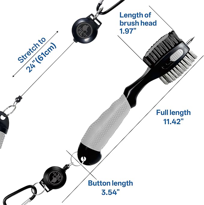 Hiker Golf Club Cleaning Brush with Groove Cleaner, Oversized Double Brush Heads, 24 inch Retractable Zipline Carabiner, Comfortable Rubber Grip for Golf Club Bag Accessories(Grey)