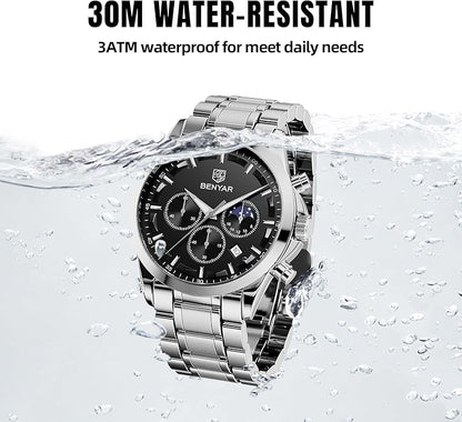 BY BENYAR Mens Watches Analog Quartz Chronograph Waterproof Wrist Watches for Men Fashion Business Work Casual Sport Designer Dress Watch with Calendar Elegant Gifts for Men