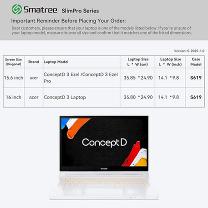 Smatree SlimPro Laptop Sleeve Case for 15.6 inch Acer ConceptD 3 Ezel/Ezel Pro, for 16 inch Acer ConceptD 3 Laptop, Case with Accessory Pocket, Patented Super-Corner Design, Light Grey (S619LG)