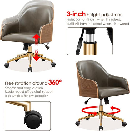 Genuine Leather Office Desk Chair, Adjustable Height Small Modern Comfortable Walnut Vanity Chair, Gold Legs Mid Back 360 Swivel for Home Office, Bedroom, Study, Meeting Room(Olive Green)