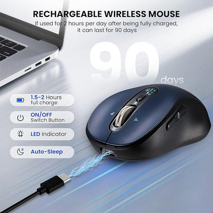 Wireless Bluetooth Mouse for Laptop,USB+BT×2,Quiet Ergo Computer Mouses,Metal 4-Way Super Scrolling,± 3200 DPI,Rechargeable,10 Buttons,Plug&Play,Multi Device Cordless Mice for iPad,Tablet,Mac,PC,Phone