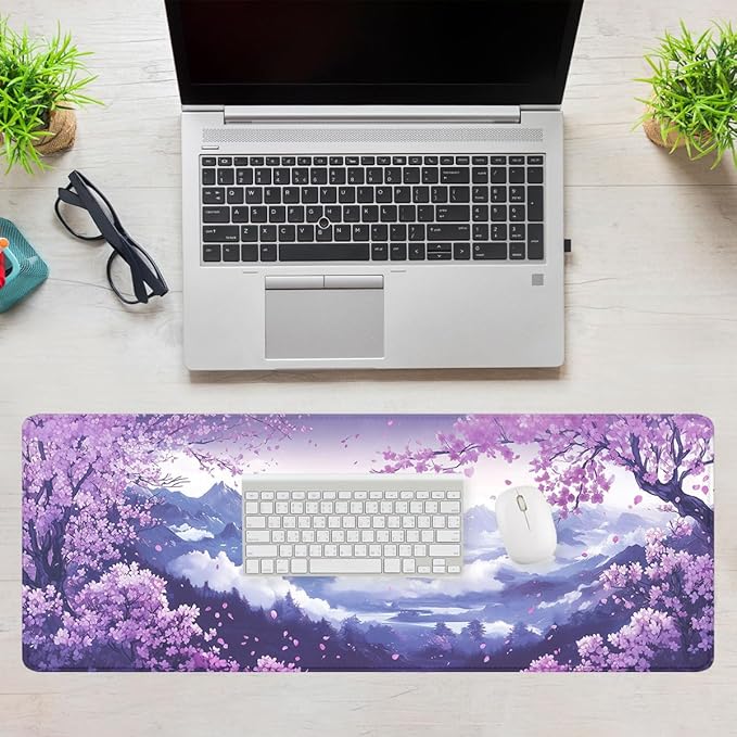 Cherry Blossom Desk Pad Mouse Pad Purple Spring Mountain Scenery Mousepad XL Large Gaming Mouse Pad Laptop Keyboard Mat Desk Pad 31.5"x11.8"