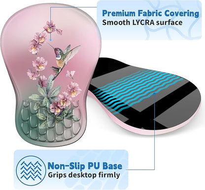 YIWEI Ergonomic Mouse Pad with Wrist Rest - Comfortable Office Mousepad with Memory Foam Wrist Support for Carpal Tunnel Relief, Mouse Pads with Non-Slip Base for Gaming and Home (Hummingbird)