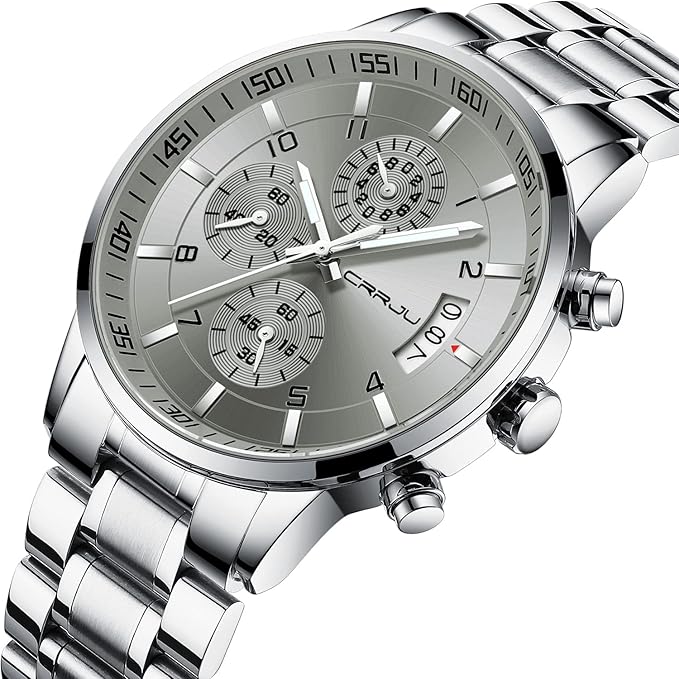 CRRJU Men's Fashion Stainless Steel Watches Date Waterproof Chronograph Wristwatches,Black Steel Band Waterproof Quartz Watch for Men